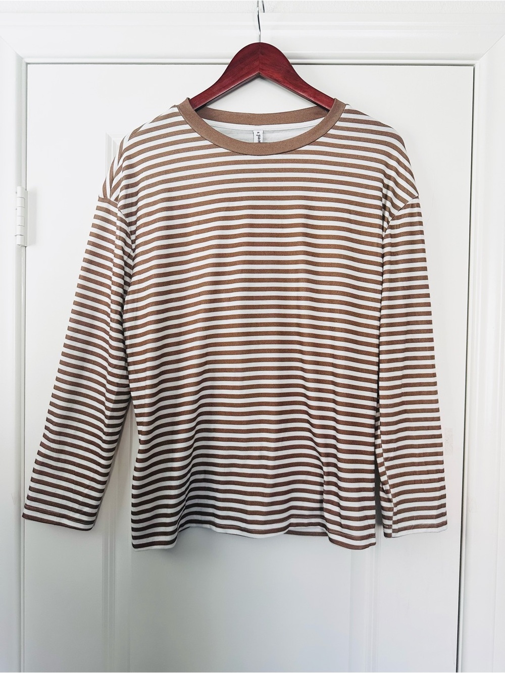 Oversized Brown & White Striped Crewneck Long Sleeve Top Size Medium